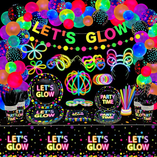 458pcs Glow in the Dark Party Supplies - Glow in the Dark Balloons, Banners, Glow Sticks, Tableware, Tablecloths, Party Supplies, Black Light, Neon Party Decorations, 20pcs