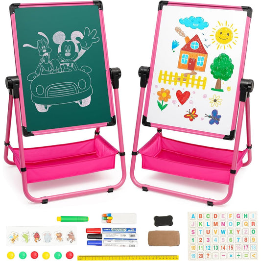 Kids Art Easel Double-Sided Iron Easel Height 29.7"~44" Height Adjustable 360° Rotatable Easel Whiteboard & Chalkboard Standing Art Easel Kids Boys Girls Ages 3+