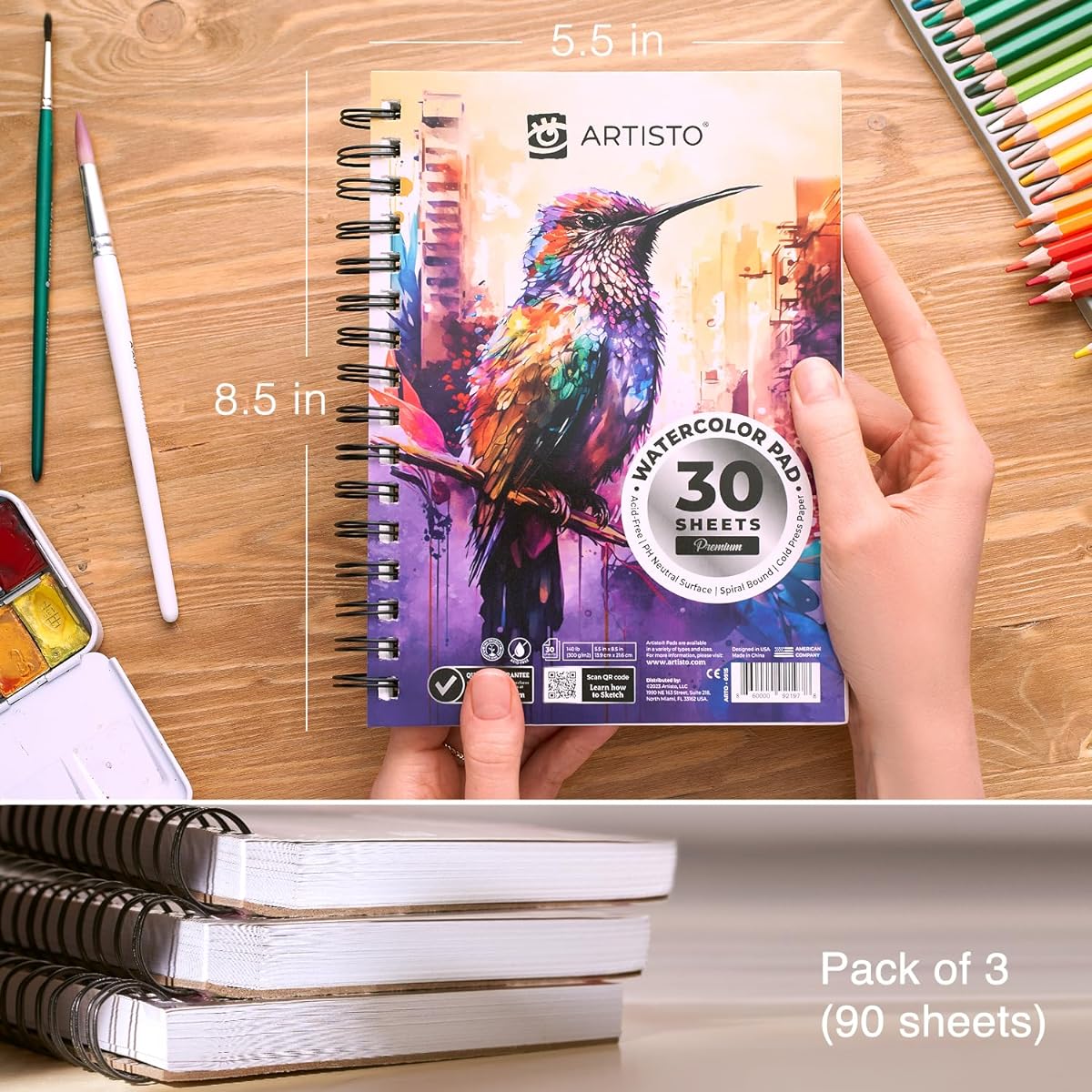 ARTISTO Watercolor Pads 5.5x8.5 inch 3 Pack (90 Sheets) Spiral Bound Acid Free Paper 140lb (300gsm) Perfect for Most Wet & Dry Media, Great for Beginners/Artists/Professionals