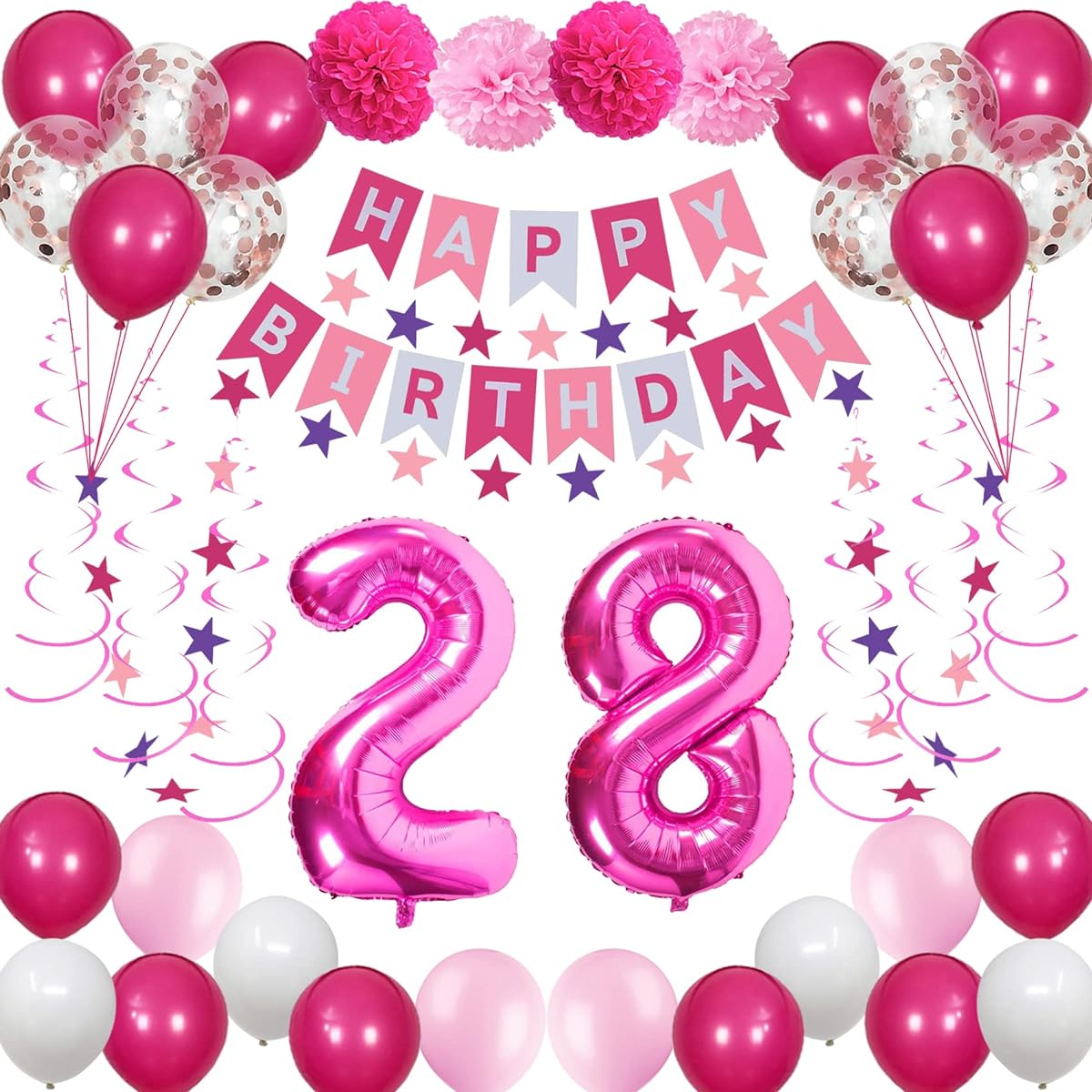 NANINUNENO 28th Birthday Decorations for Women Pink 28 Happy Birthday Balloons with Pink Happy Birthday Banner, Hot Pink Number Balloons, Pink Star Streamers, Hanging Swirls