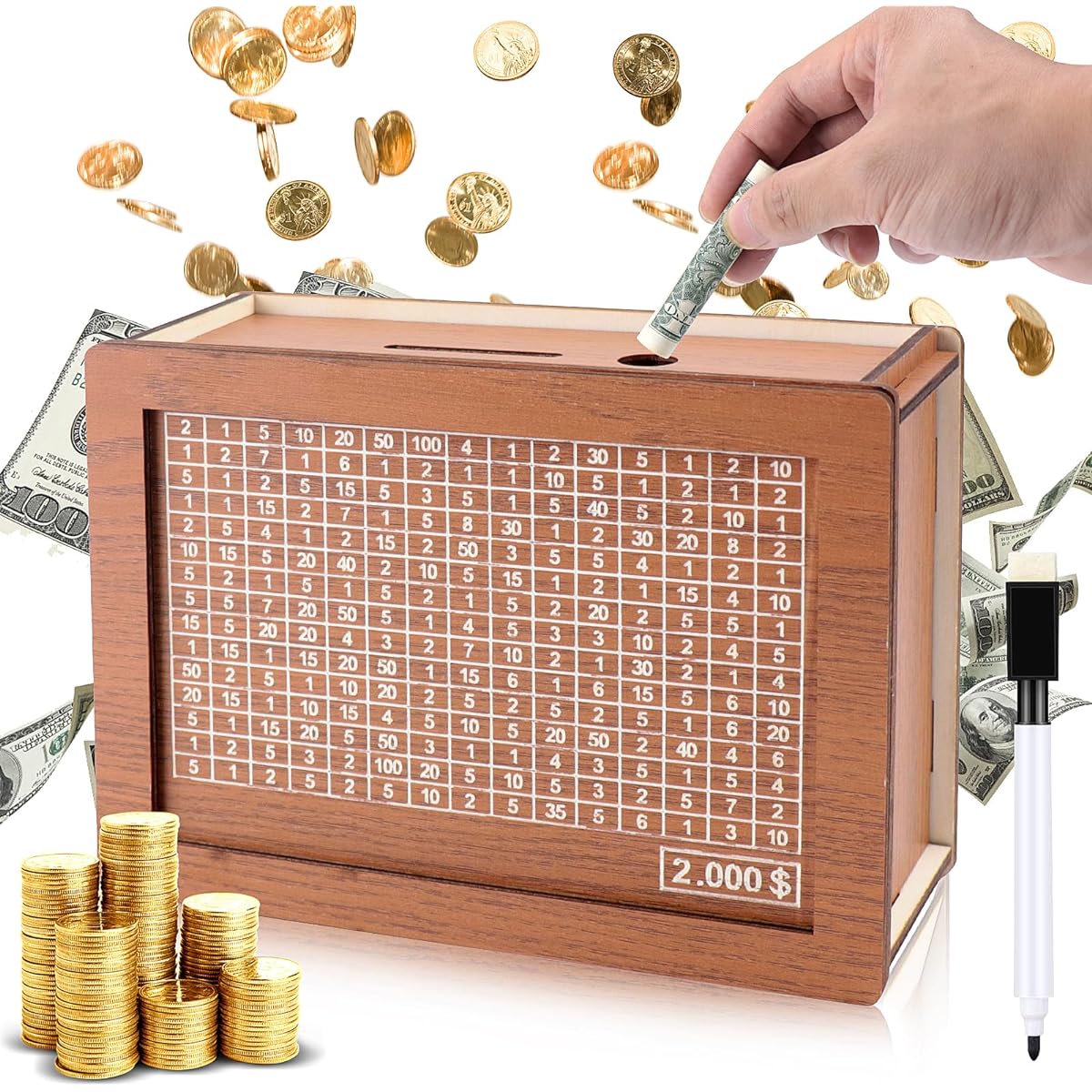 Wooden Piggy Bank Money Box Countdown Money Box with 2000 Dollar Target with Money Target and Numbers for Boys and Girls (2000USD)