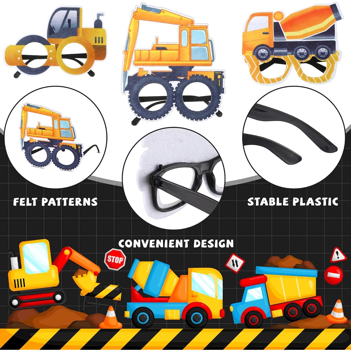 11 Pairs Assembly Party Photo Booth Props Engineering Truck Party Decoration Dump Truck Funny Glasses Construction Themed Glasses for Kids Birthday Party Supplies 11 Styles