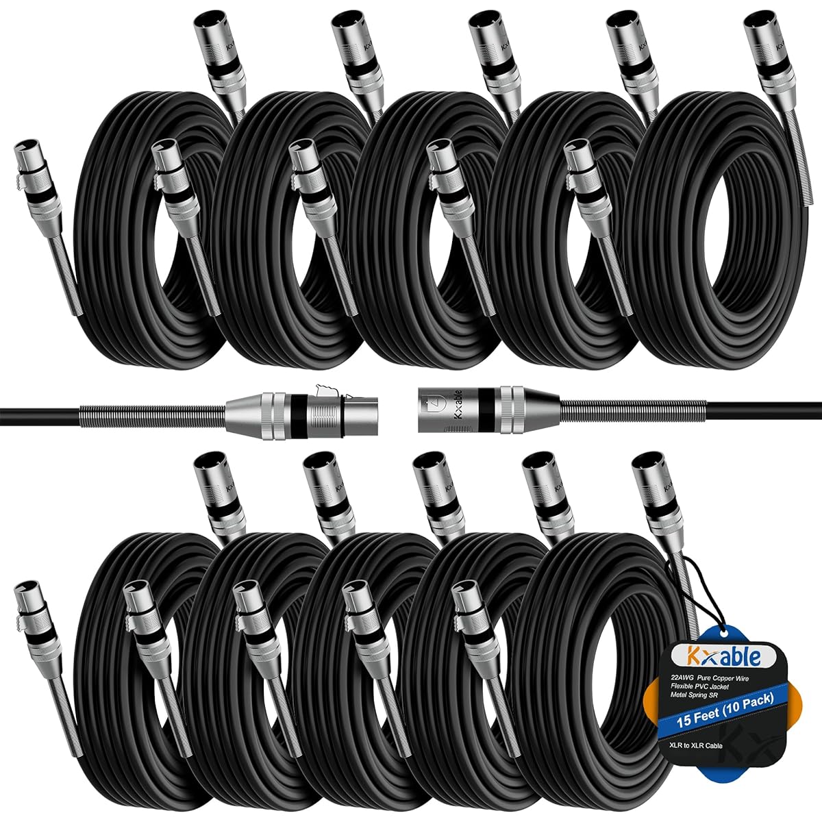 XLR Cable 15 Feet (Pack of 10) 22AWG Zinc Alloy Shell XLR Male to Female Heavy Duty Cable 3 Pin Balanced Shielded Microphone Cord Durable Flexible Patch XLR Cable Metal Spring SR-Black