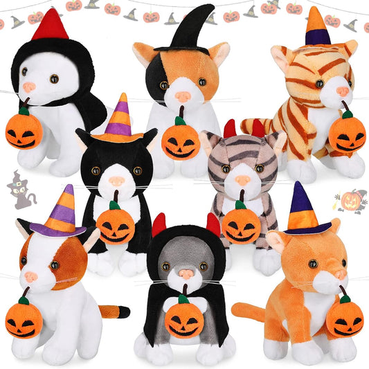 8 Piece Stuffed Pets 5 Inch Plush Toy Set - Assortment of Cute Small Toys for Kids Classroom School Party Halloween Decorations (Creepy Cat)