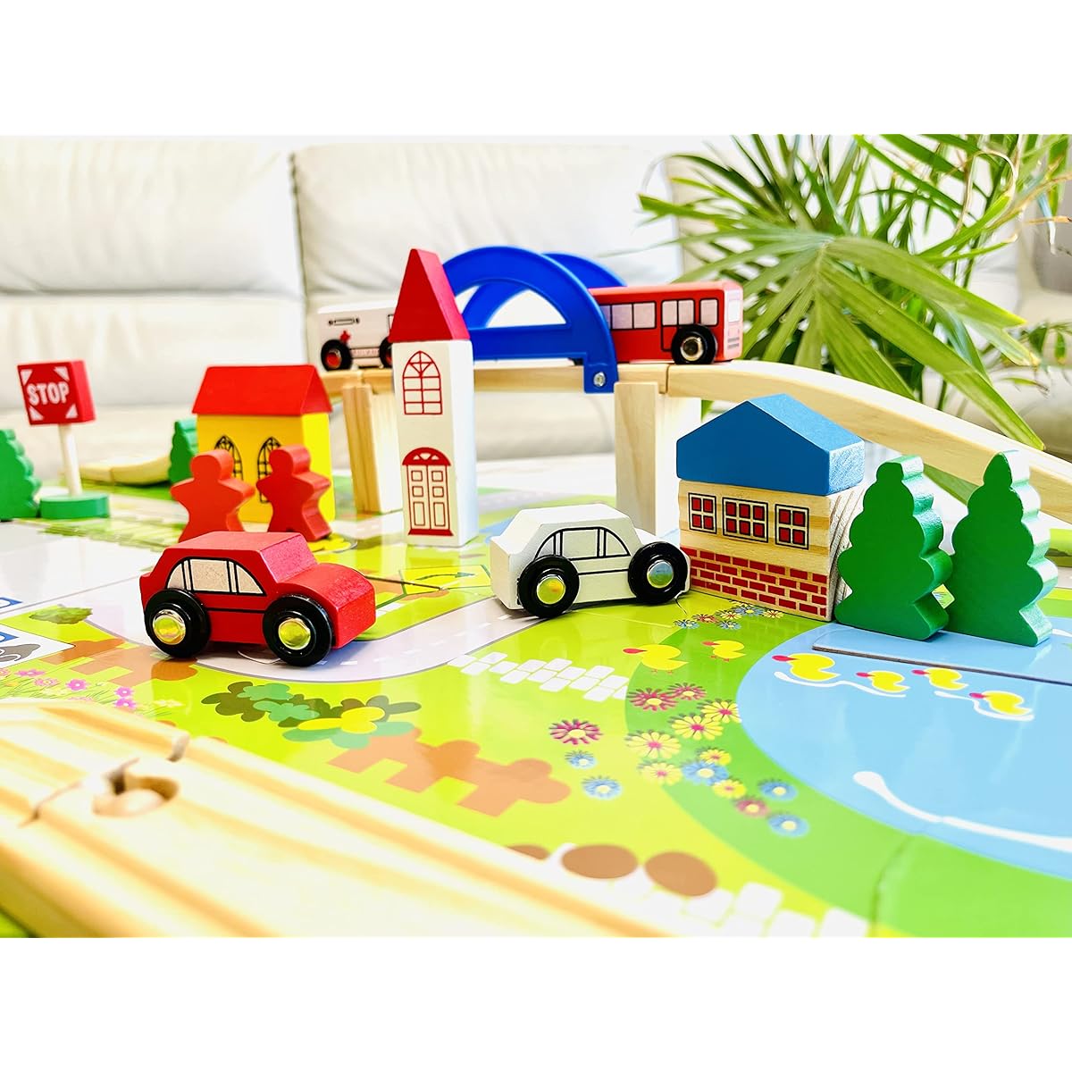 Molligol Wooden Building Blocks Set Car Ambulance Bus Takahashi Building Stacking Blocks Preschool Learning Toys for Boys Girls Kids Ages 3+ (40 Pieces, 1 City Puzzle Map)