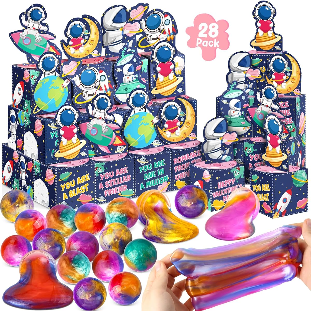 SURCVIO 28 Pack Valentine's Day Gifts for Kids Galaxy Slime with Greeting Card Box Stress Relief Fidget Toys Kids Party Favors Valentine's Day Class Exchange Favors Gift Set