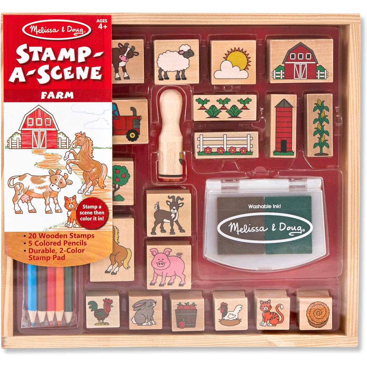Melissa & Doug Stamp-A-Scene Wooden Stamp Set: Farm - 20 Stamps, 5 Colored Pencils, and 2 Color Stamp Pad