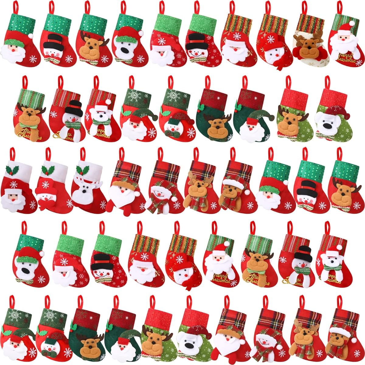 Mini Christmas Stockings 6.3 Inch 3D Bulk Christmas Stocking Santa Reindeer Snowman Bear Christmas Candy Holder Gift Bag Small Christmas Tree Decorations for Christmas Party 48 Pieces