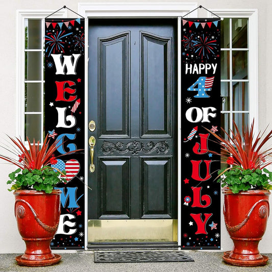 4th of July Banner, 4th of July Decorations, Patriotic Porch Sign, Black Independence Day Hanging Banner for Home Memorial Day Party, God Bless America (Classic Style)