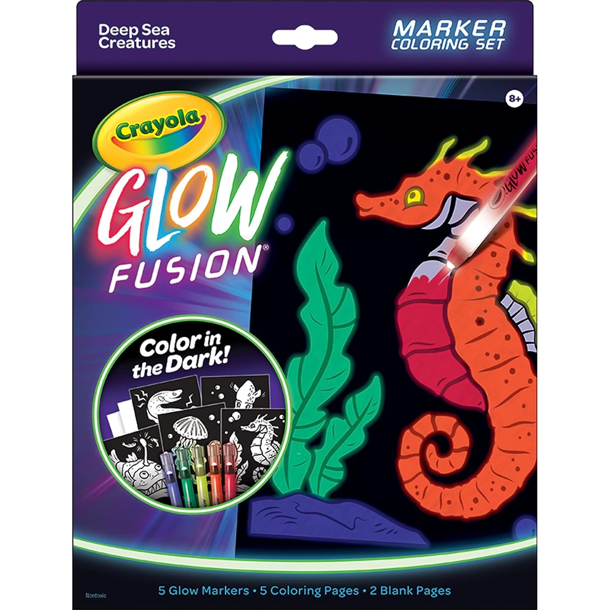 Crayola Glow Fusion - Deep Sea Creatures (12 Pieces) Glow-in-the-Dark Markers Sea Creatures Coloring Book Gift for Boys and Girls Ages 8 and Up