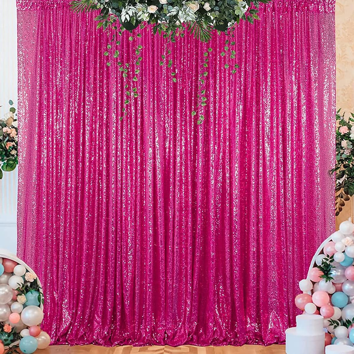 HMQIANG Fuchsia Sequin Curtains, Hot Pink, 4ftx8ft, 2 Panels, Glitter Backdrop Drape for Party Birthday Wedding Decoration