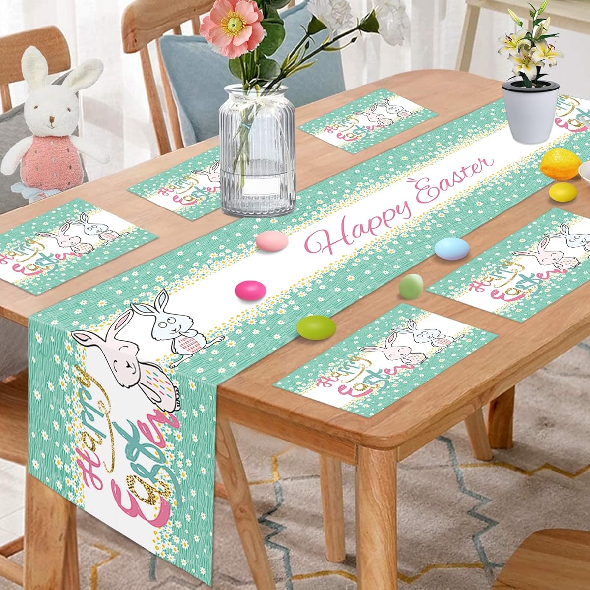 Easter Table Runner Set of 6 Placemats Happy Easter Table Mats 13.8"x71" Polyester Linen Easter Bunny Table Runner for Spring Easter Holiday Decorations Party Supplies Favors