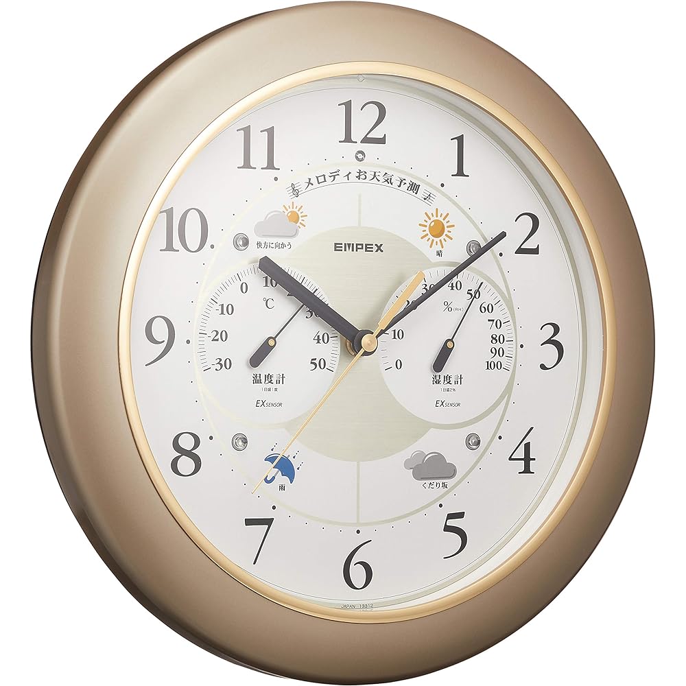 Empex Weather Meter Temperature and Hygrometer Melody Weather Station EX with Weather Forecast Function for Wall Mounting Made in Japan Champagne Gold BW-5208