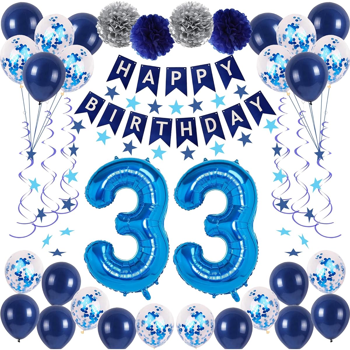 NANINUNENO 33 Years Old Blue Birthday Party Decorations for Boys Girls Men Women Happy 33 Birthday Party Supplies Happy Birthday Banner 33 Number Balloons Blue Star Streamers Hanging Swirls