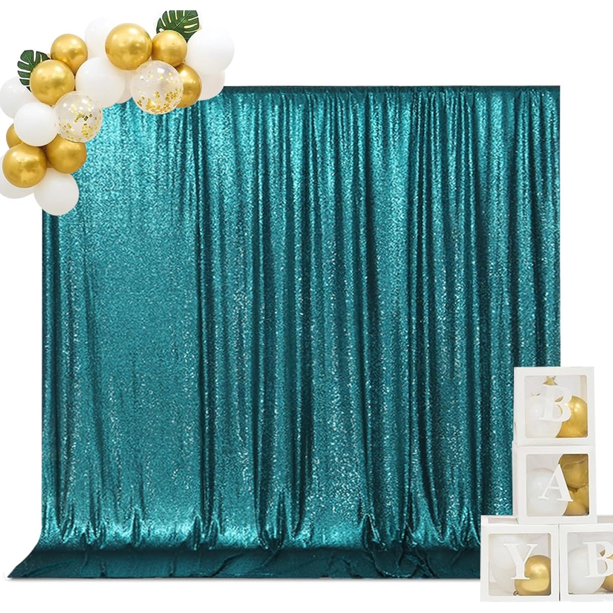 SquarePie Sequin Backdrop, Opaque Background, Sparkly Curtains for Wedding Party, 8ft x 8ft, Teal
