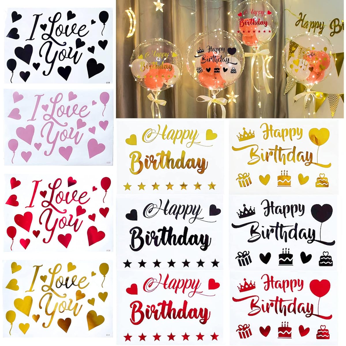 Happy Birthday Balloon Stickers I Love You Bobo Balloon Stickers 10pcs Mixed Color DIY Letter Decals Glass Pastel Celebration Birthday Decorations Party Supplies