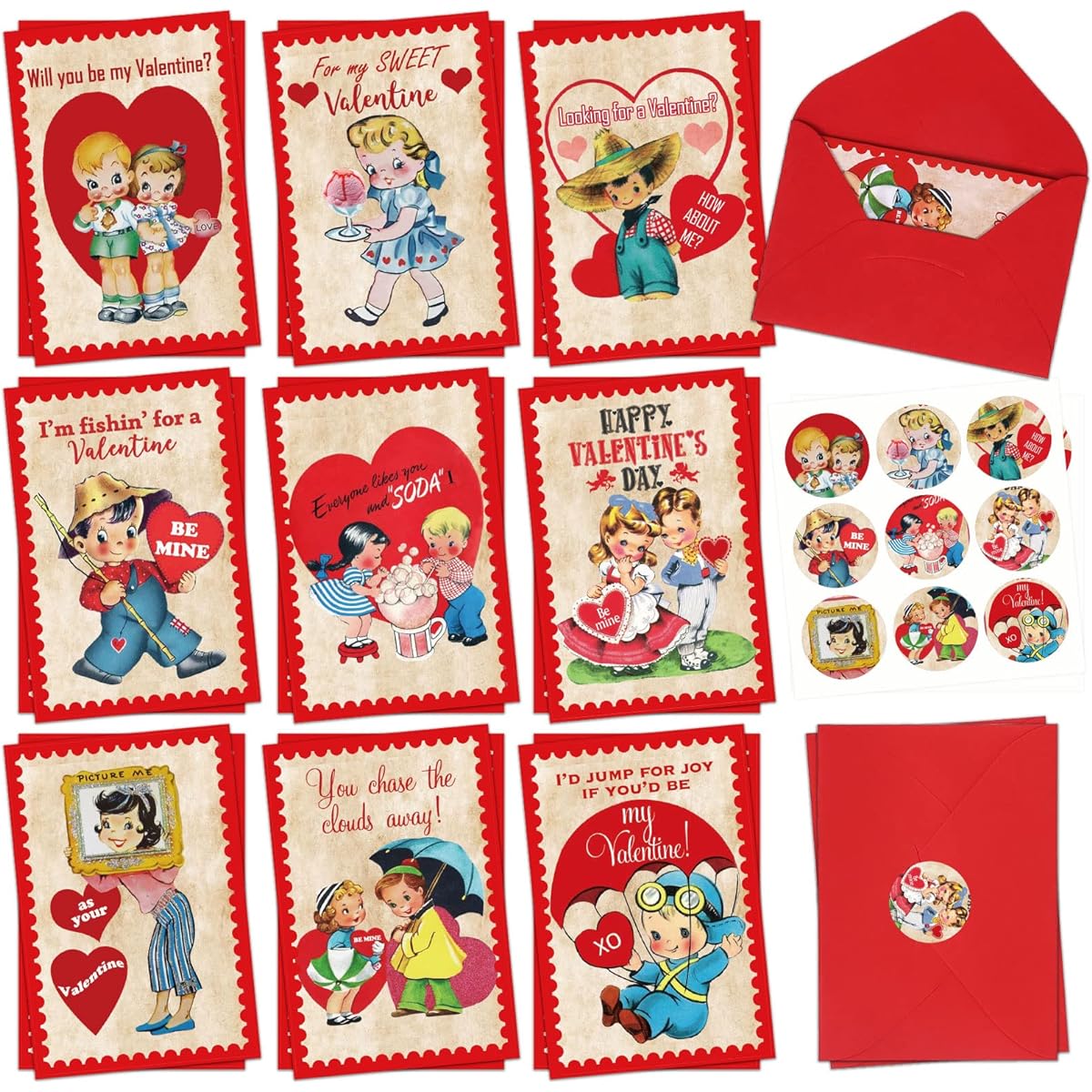Whaline Valentine's Day Card Kit Vintage Style Greeting Cards with Red Envelopes Cute Boys Girls Print Blank Note Cards 4 x 6 inches Wedding Anniversary Supplies 9 Designs