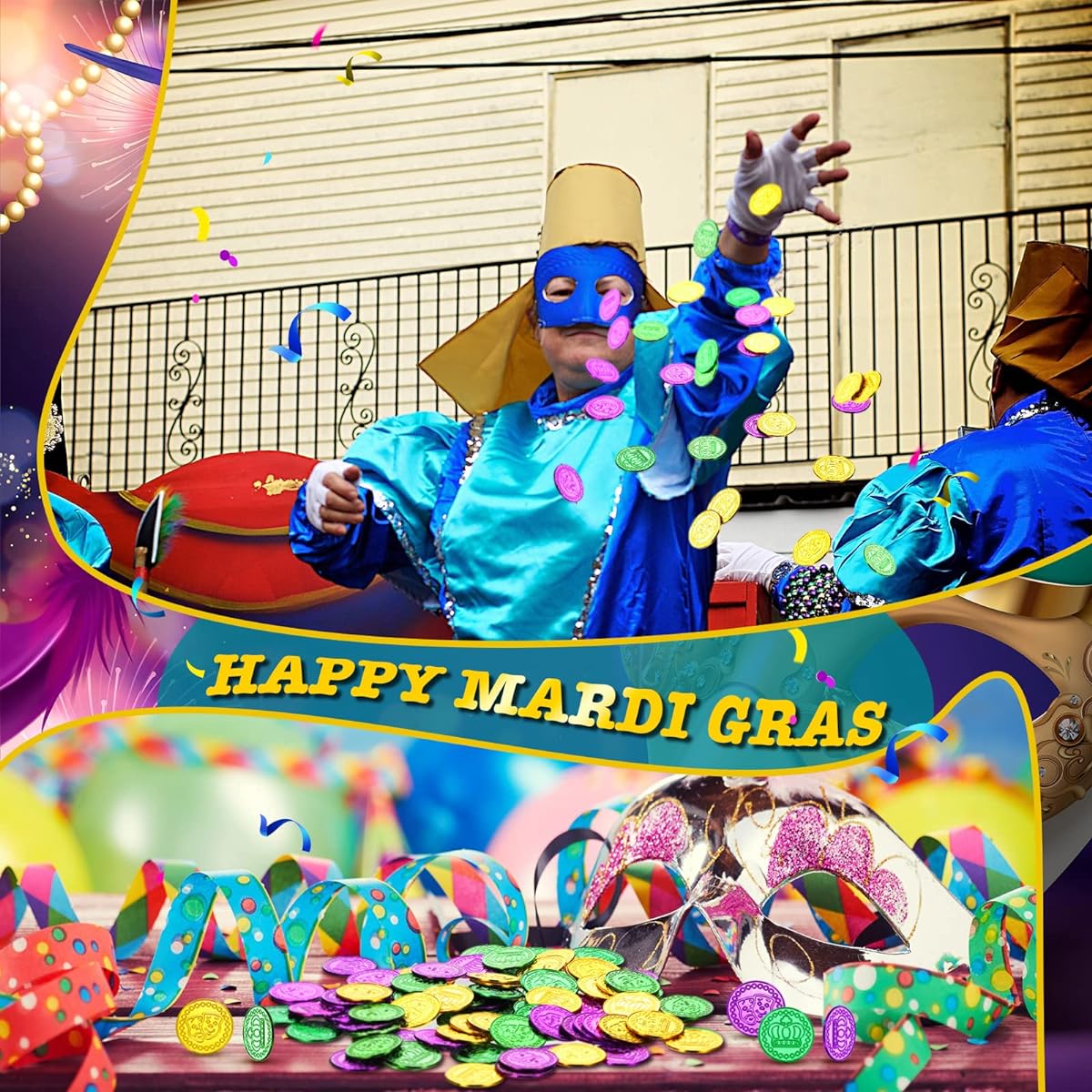 Mardi Gras Plastic Coins Mardi Gras Parade Throw Bulk Fake Mardi Gras Purple Green Plastic Gold Coins 1.37'' Mardi Gras Decorations Party Carnival Birthday Pirate Hunting Game Supplies (600 Pieces)