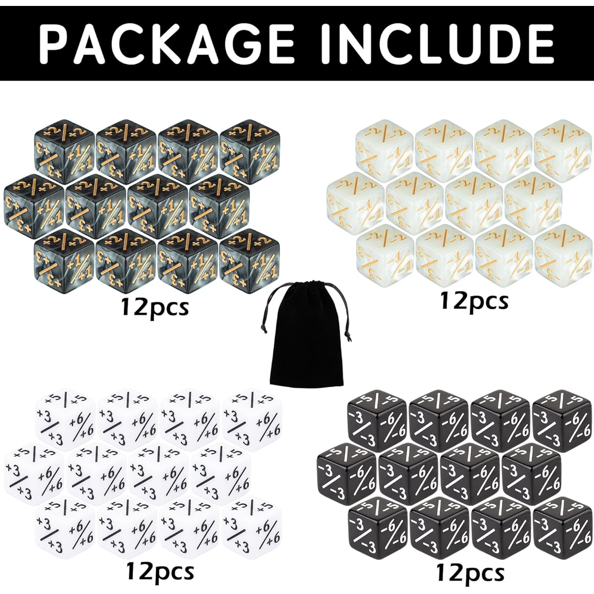 Magic the Gathering Dice Counter MTG Counter 48 Pieces Token Accessory Buff D6 Dice MTG CCG Card Game Compatible (Black & White)