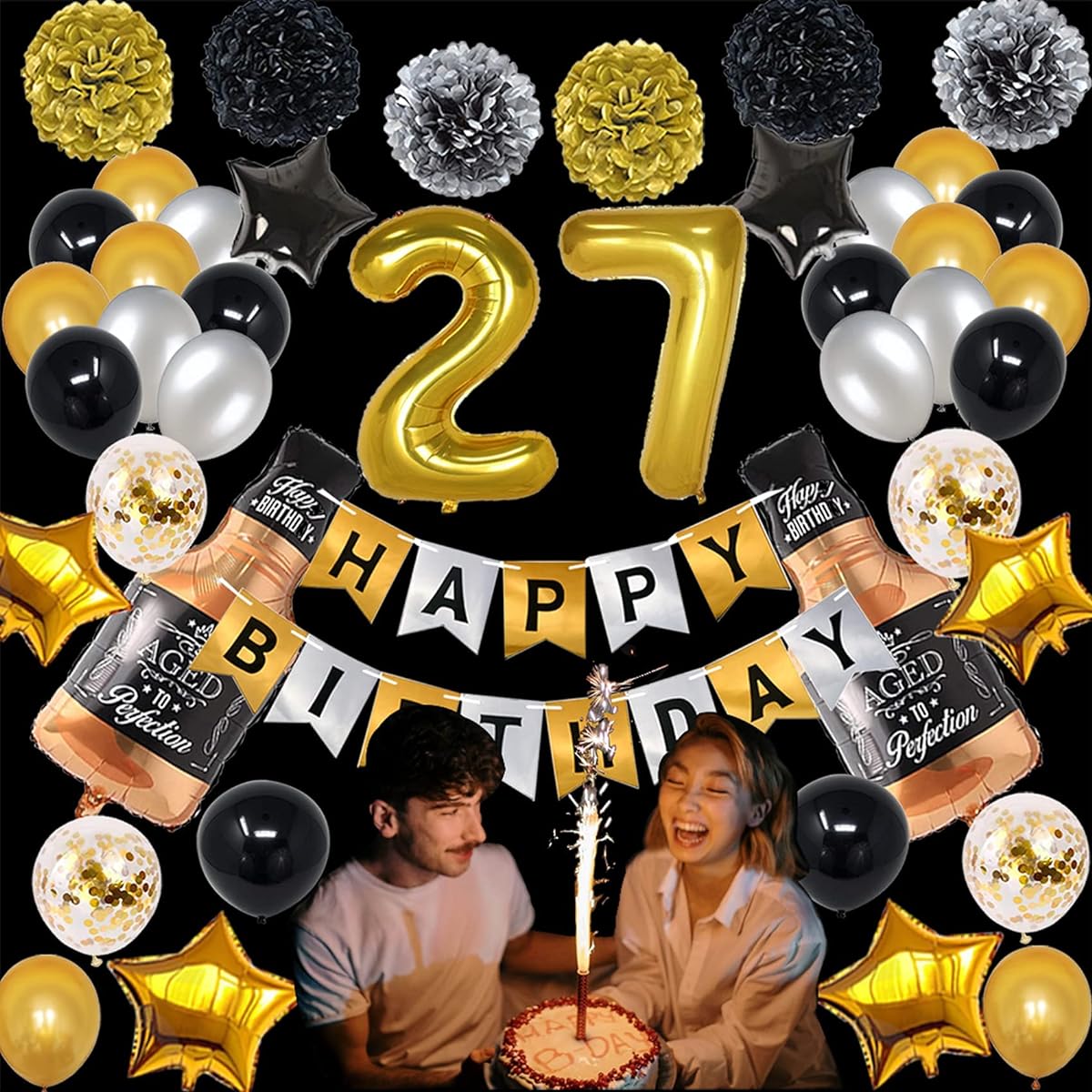 NANINUNENO 27th Gold Birthday Decorations, Gold Black Silver Happy Birthday Balloons Supplies for Boys Girls Women, 27th Birthday Party Set with Gold Number Balloons, Happy Birthday Banner and 27 Whiskey Bottle Balloons
