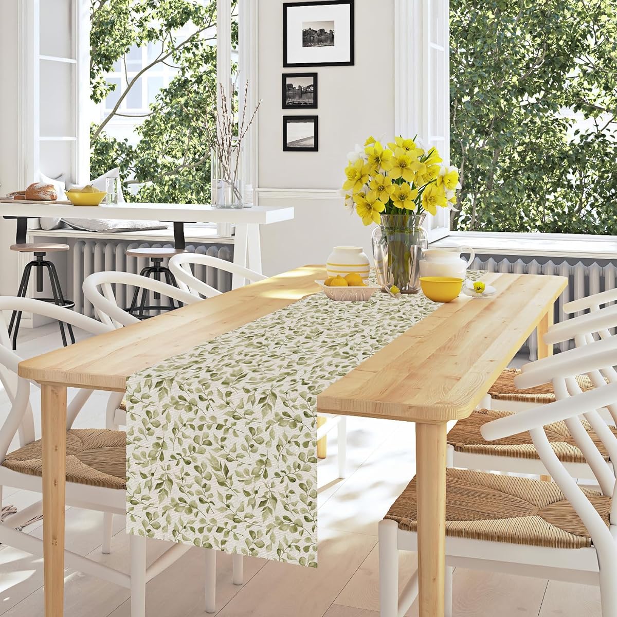PARTY BUZZ Table Runner Green White Leaves Spring Summer Rustic Farmhouse Spring Summer Seasonal Home Indoor Kitchen Dining Table Decor 60" Long