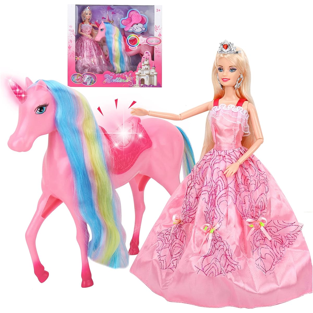 BETTINA Magical Luminous Unicorn Princess Doll Set Unicorn Toy Horse Toy with Rainbow Mane and Tail Princess Toy Unicorn Gift for Girls