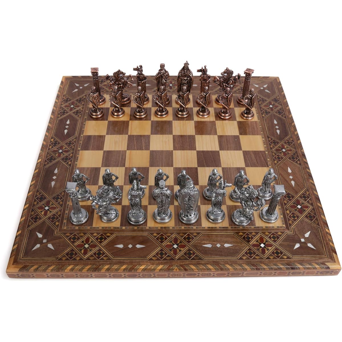GiftHome Royal Medieval British Army Antique Copper Metal Chess Set for Adults with Handmade Pieces and Natural Solid Wood Chess Board with Original Pearl Around the Board, King 3.35 Inch