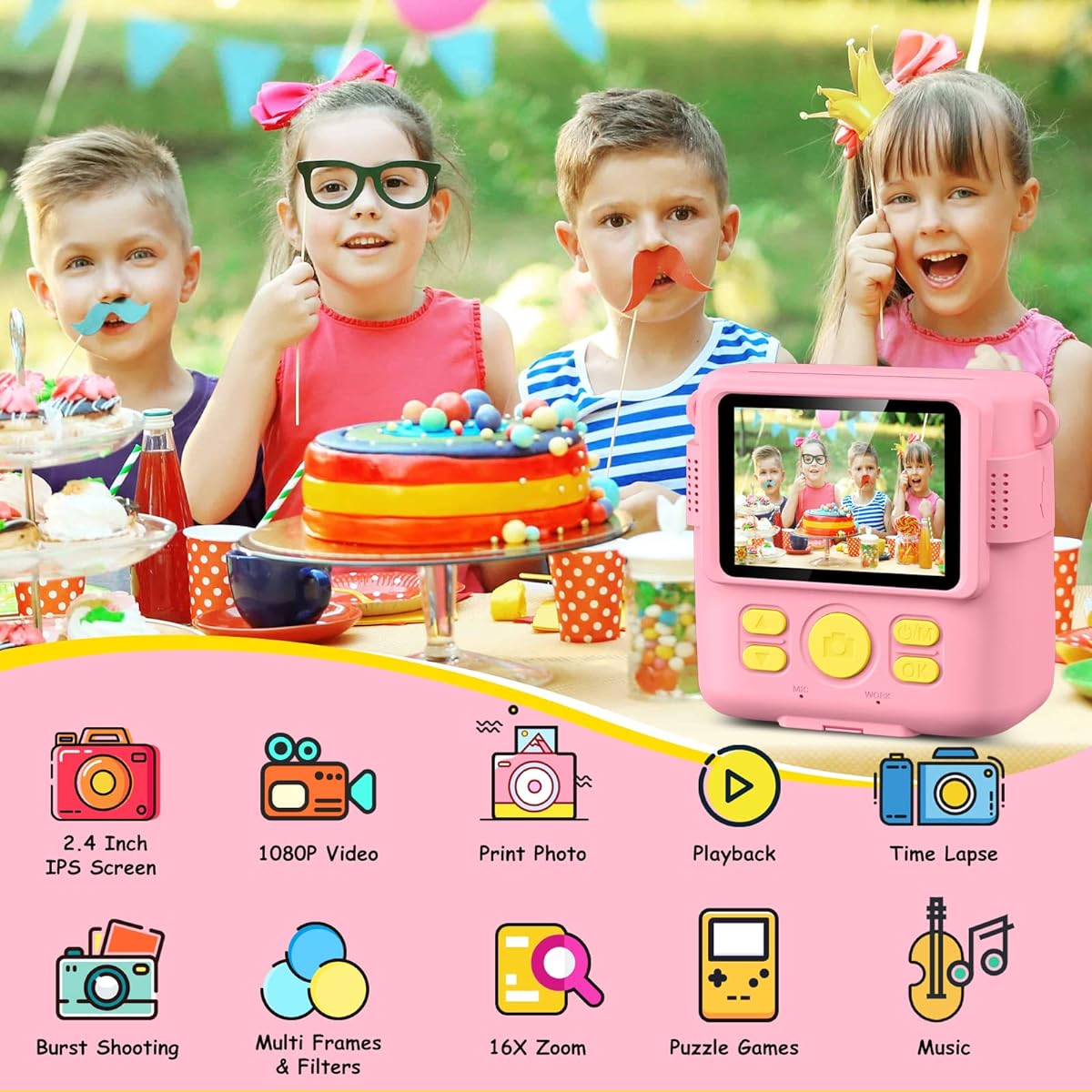 GREENKINDER Kids Instant Print Camera Kids Instant Camera Birthday Gift for Girls/Boys 2.4 Inch/1080P with 32GB Card and Print Card for Girls 3-12 Years Old (Pink)
