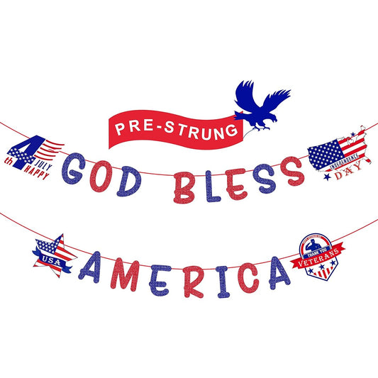 4th of July Decorations - Red White and Blue God Bless American Banner Independence Day Memorial Day Decorations Patriotic 4th of July Decorations