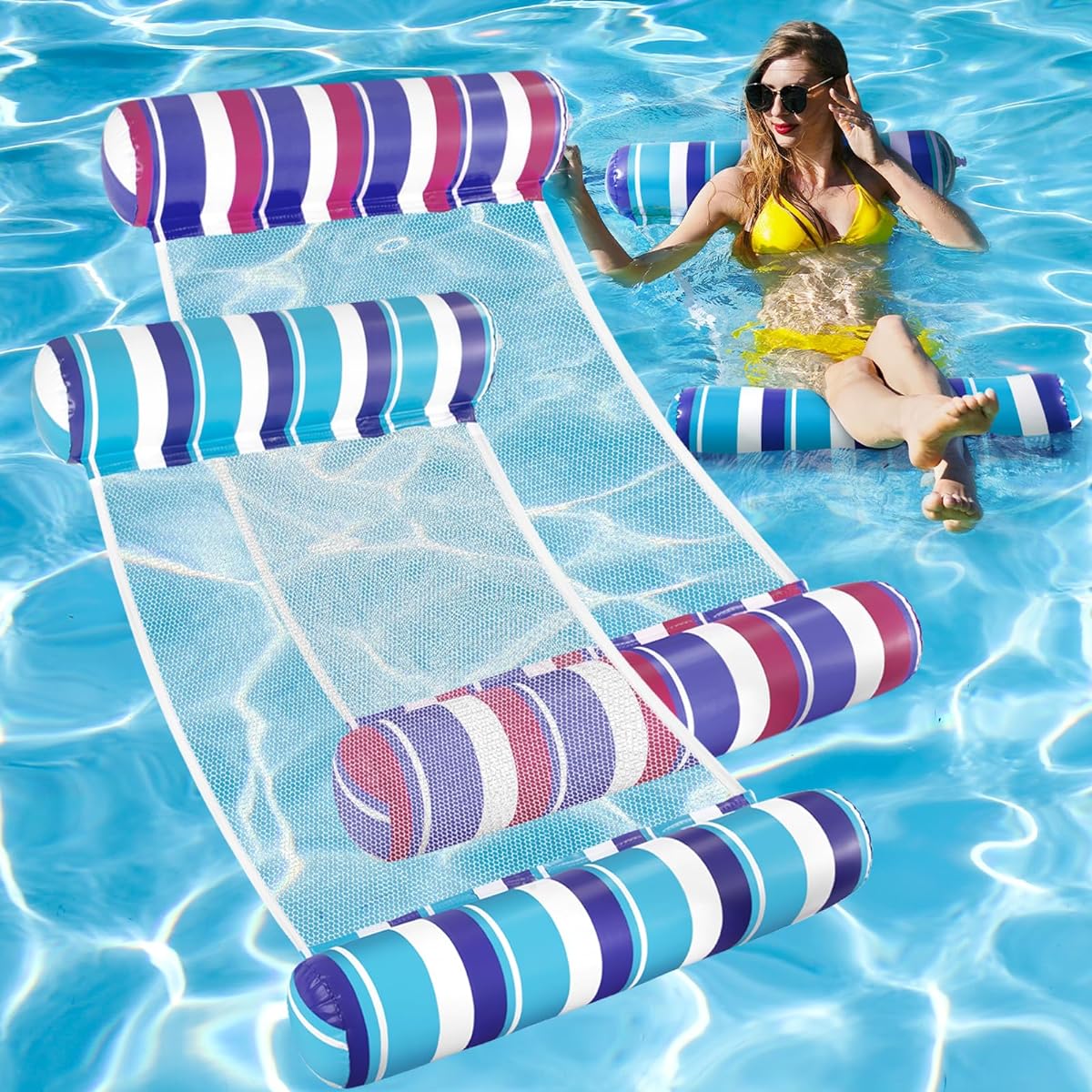Pool Floats for Adults - 4 in 1 Pool Float Hammock Drifter Lounge Chair Saddle Inflatable Non-Stick PVC Pool Floats for Vacations 2 Pack