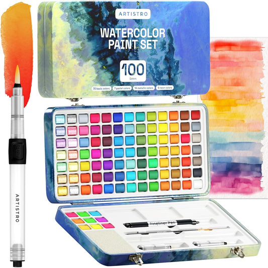 ARTISTRO Watercolor Paint Set, 100 Vibrant Colors in a Portable Box, Perfect Travel Watercolor Set for Art/Amateur/Hobbyist/Painting Enthusiasts, Includes Metallic/Fluorescent/Pastel Colors, M