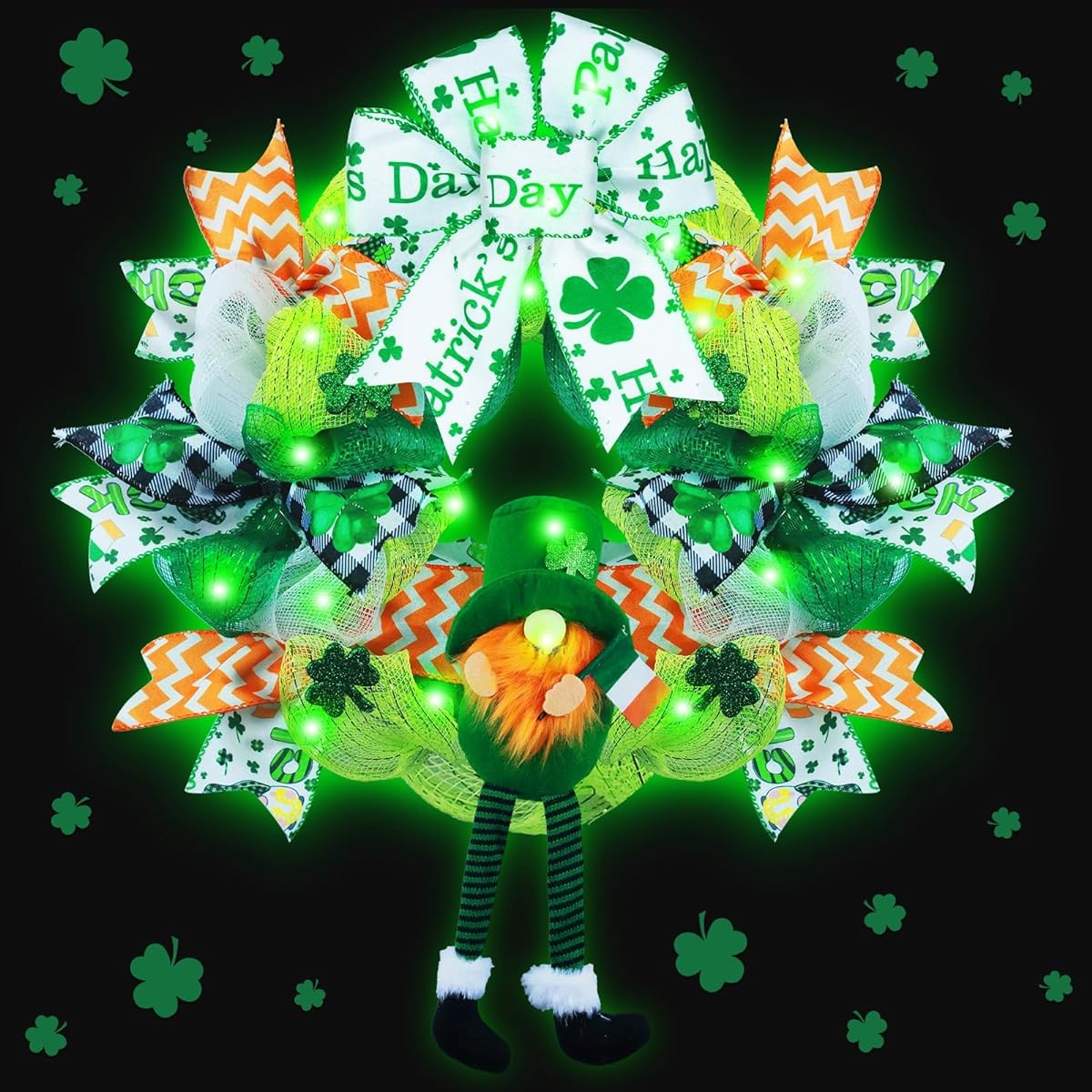 Kenburg St. Patrick's Day Green Shamrock Wreath 14" St. Patrick's Day Decor Spring Clover Artificial Wreath Waterproof Front Door Farmhouse Home Wall Window Fireplace Decor Indoor Outdoor