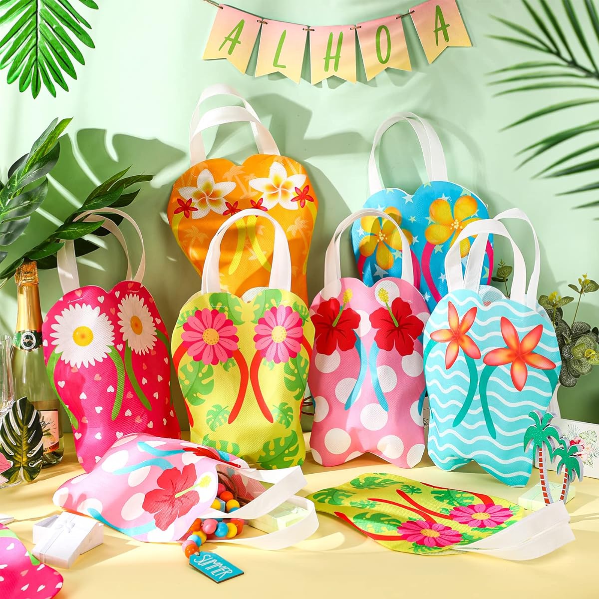 Silkfly 24 Pieces Flip Flop Tote Bags Non-Woven Reusable Party Favor Bags Summer Beach Bags Bulk Tropical Gift Bags Hawaiian Goodie Bags with Handles for Kids Birthday Hawaii Luau Party Decorations, See Pictures.