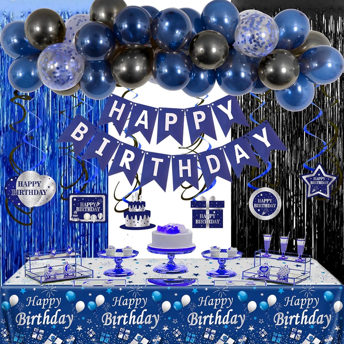 Black and Blue Party Happy Birthday Decorations