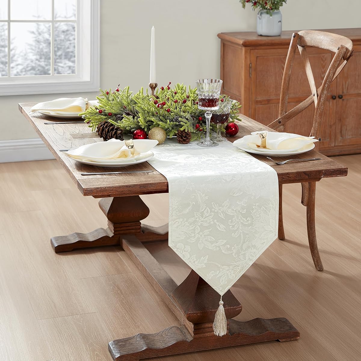 Elrene Home Fashions Poinsettia Elegance Jacquard Holiday Table Runner, 13" x 70", Ivory