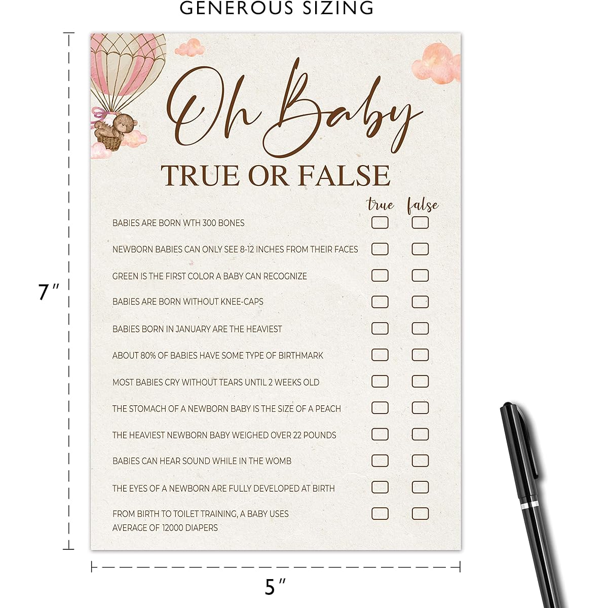 Baby Shower Game Oh Baby True Or False, Teddy Bear Flying in a Hot Air Balloon Theme Cards Baby Gender Reveal Party Game Decorations - 30 Cards, 1 Answer Card (5" x 7") - babygame-A013