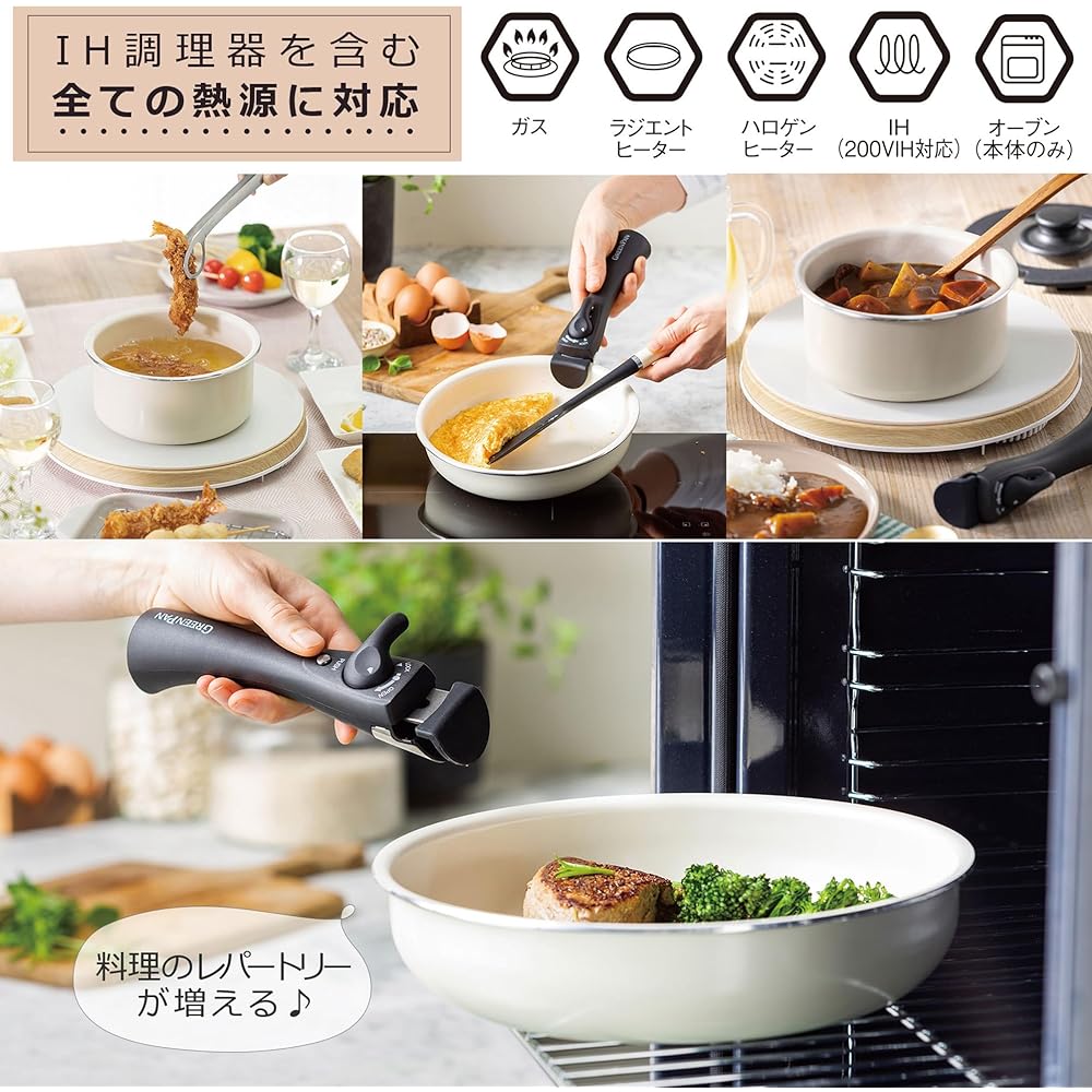 GREENPAN Click Chef, Frying Pan with Removable Handle, Egg Cooker, One Hand Pot, 5 Piece Set, Glass Lid, Cream White, IH, Gas, Dishwasher Safe, Ceramic Coating, PFAS Free, No Harmful Substances