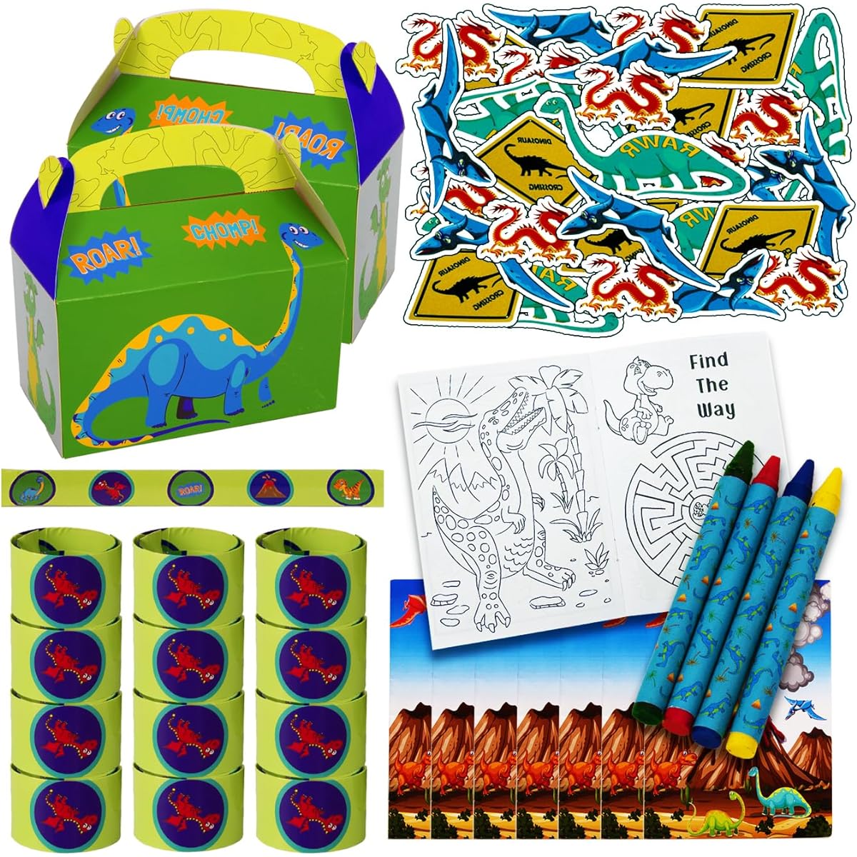 Dragon Party Favors Set - 12 boxes, 12 coloring books, 12 crayon sets, 12 slap bracelets, 144 tattoos