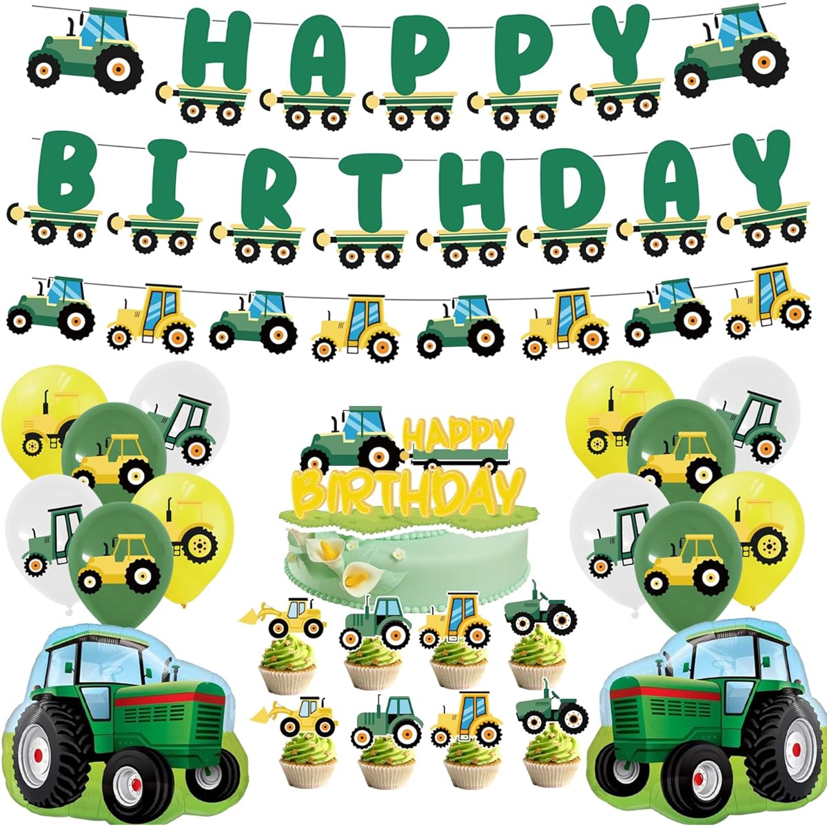 JOPARY Farm Green Tractor Party Supplies Green Tractor Birthday Decorations Happy Birthday Banner Tractor Garland Cupcake Toppers with Balloons for Girls Boys Kids Birthday Photo Booth Props