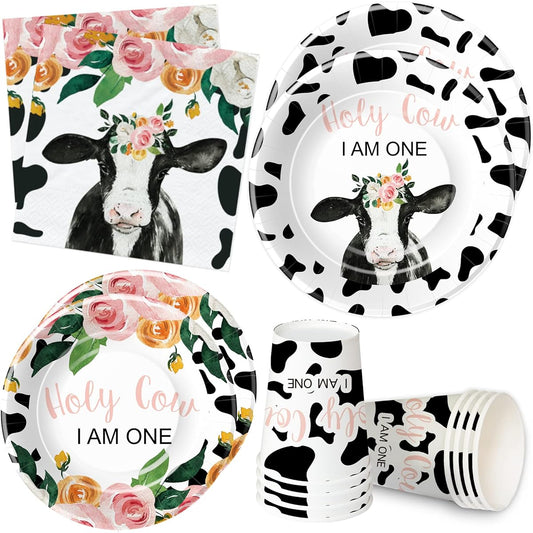 APOWBLS Cow Pattern First Birthday Party Supplies Tableware Girls for 24 People