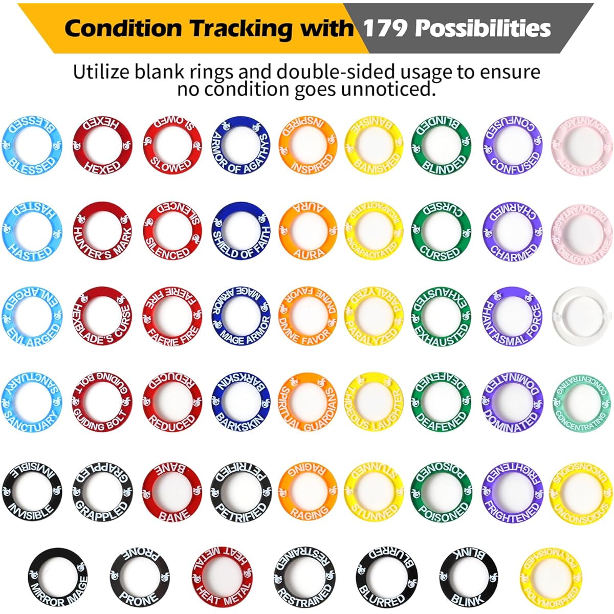 Grajar 52 Unique DND Miniatures Condition Rings 92 Status Effect Markers - Includes 5 Customizable Blank Rings Best DND Gifts for Dungeons & Dragons & 5th Edition DMs