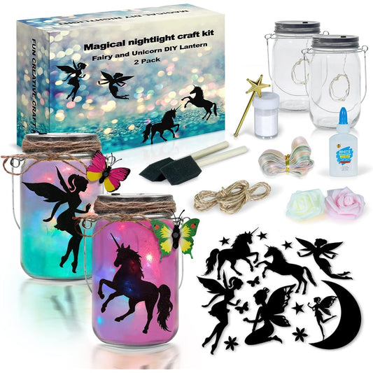 2Pepers DIY Fairy and Unicorn Night Light Craft Kit (2 Pack) Fairy Lantern Jar Arts and Crafts for Girls Unicorn Lamp Decor Craft Projects Fairy and Unicorn Gifts for Kids
