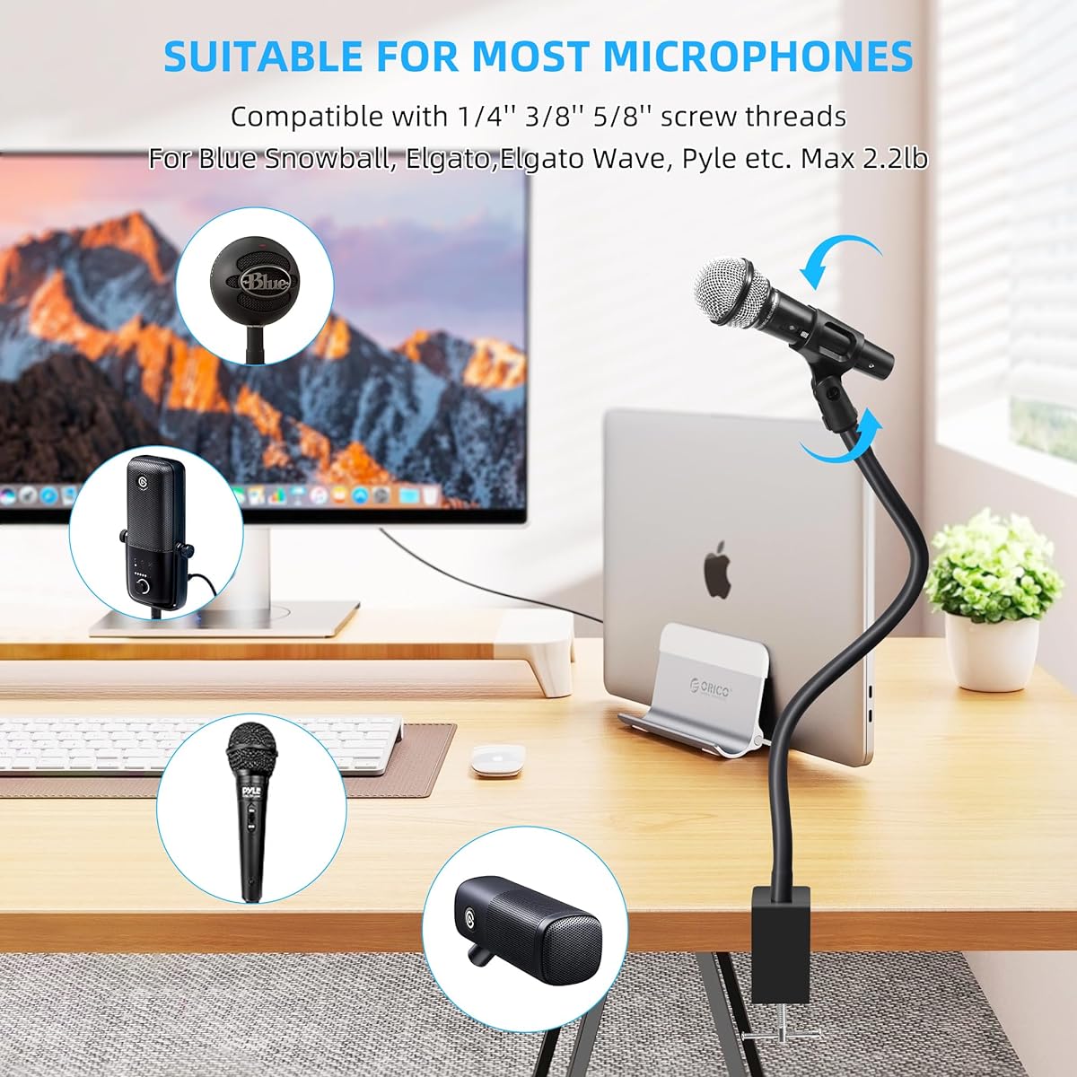 Prizmora Microphone Arm Stand Long Sturdy Gooseneck Microphone Stand Adjustable Microphone Arm Stand Microphone Holder Flexible STIFF Microphone Stand Black Compact Microphone Arm Desk Travel