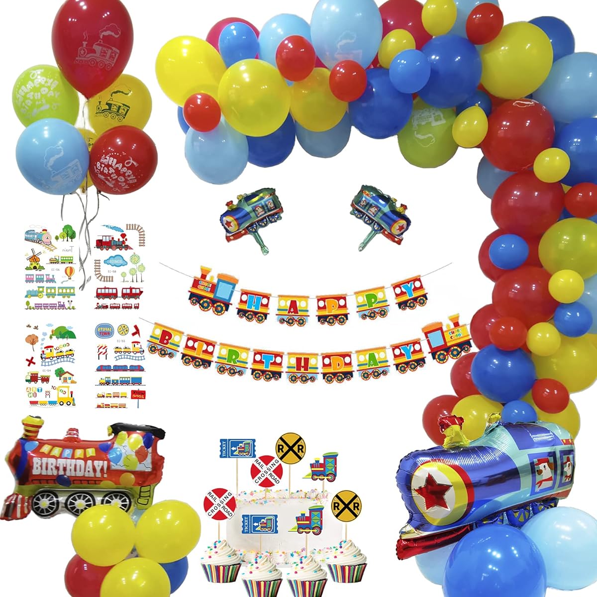 SILBLASSYU Train Birthday Party Set - Train Party Decorations, Train Balloons, Garland, Train Birthday Banner, Train Balloons, Train Cupcake Toppers for Steam Locomotive Birthday Party, Baby Shower