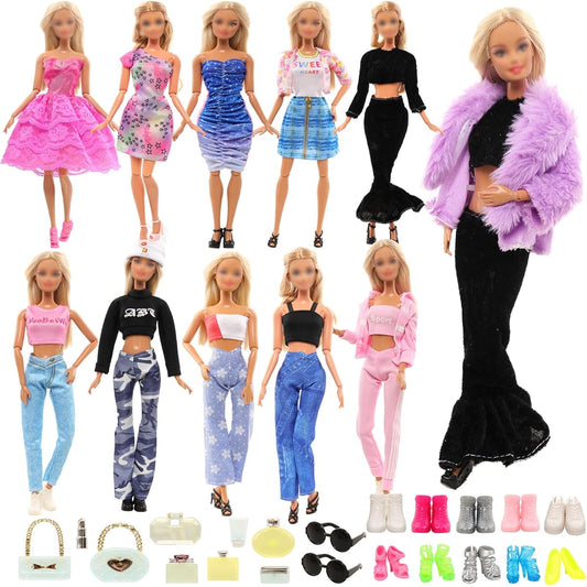 27 Pieces Fashion Doll Clothes and Accessories, 2 Pieces Party Dress, 1 Piece Plush Coat, 3 Pieces Sports Tops and Pants, 2 Pieces Glasses, 10 Pieces Shoes, 9 Pieces Bag, Perfume, Lipstick, Mini Bedroom Accessories for 11.5 Inch Girl Doll