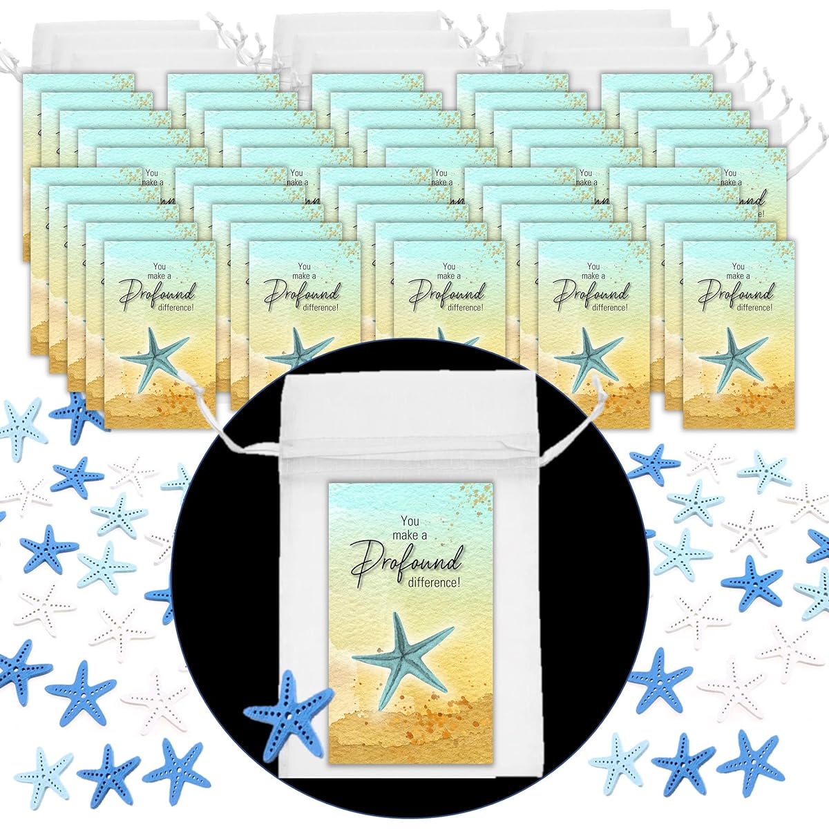 Smiling Wisdom - Bulk 50 Sets - Starfish Story Employee Appreciation Mini Cards and Favors - You Make a Difference - Men Women (Blue White Starfish Buttons)