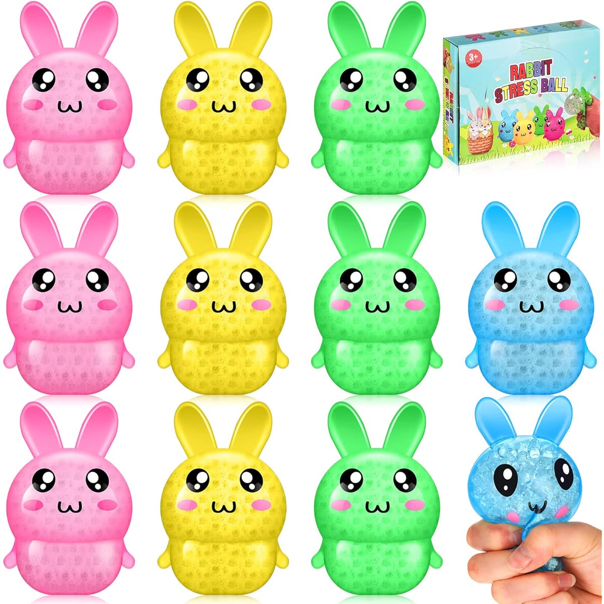 Shappy Easter Bunny Stress Ball Rabbit Squishy Sensory Toy Easter Basket Stuffer Bunny Party Favors Stress Relief Fidget Ball with TPR Beads Teen/Adult/Easter Gifts 4 Colors 12pcs