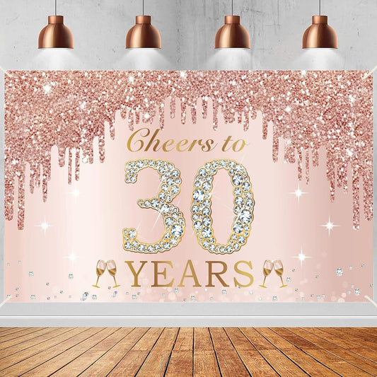 30th Birthday Decorations Cheers to 30 Banner Pink Rose Gold Happy Birthday Backdrop Sign Party Supplies for Women 30th Birthday Poster Background Photo Booth Props Decor