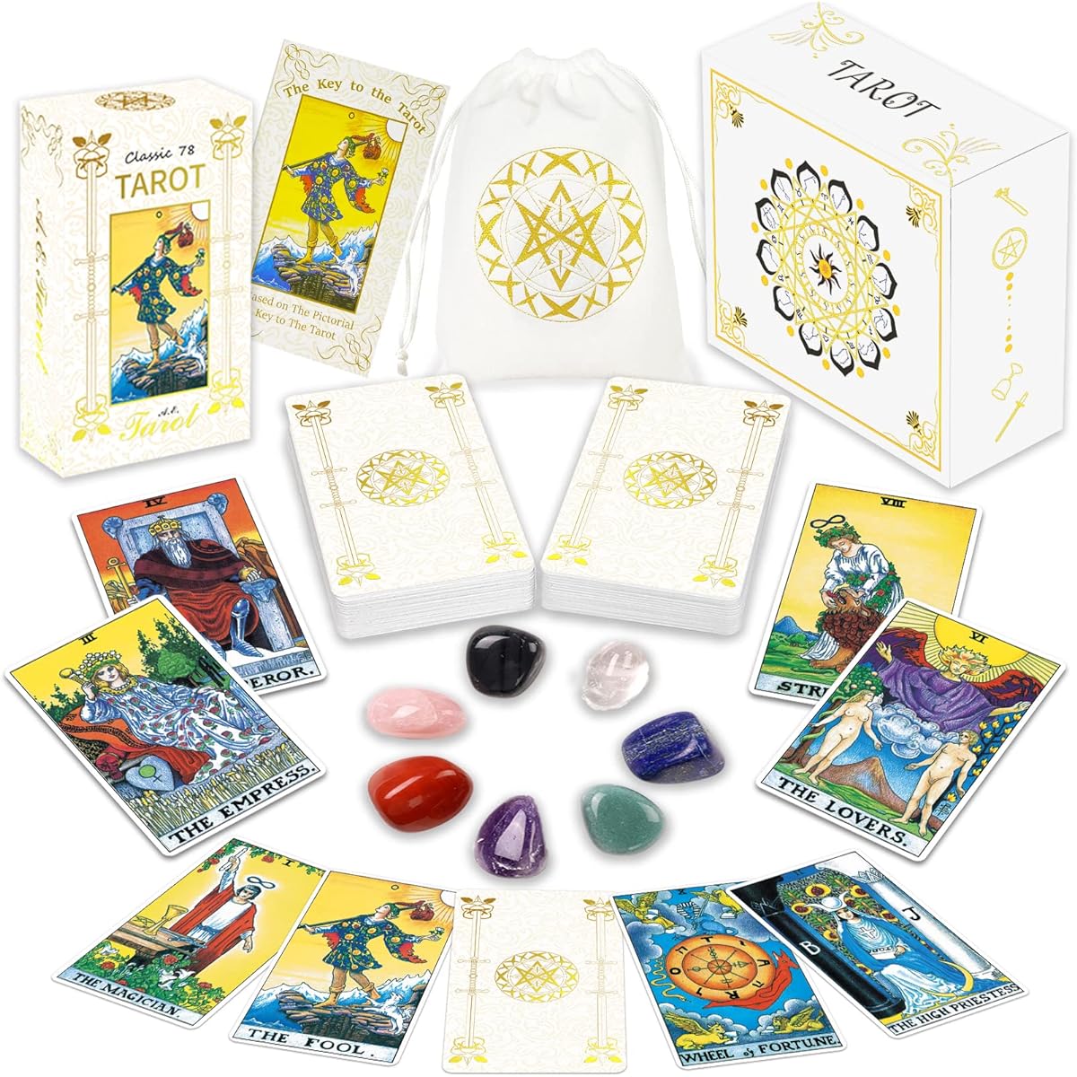 IXIGER Tarot Cards with Guidebook, Original 78 Tarot Cards Deck, Divination Game for Beginners & Expert Readers, Classic Tarot Deck, Standard Size 4.75" x 2.75", Gilding Tarot Bag, Chakra Stones