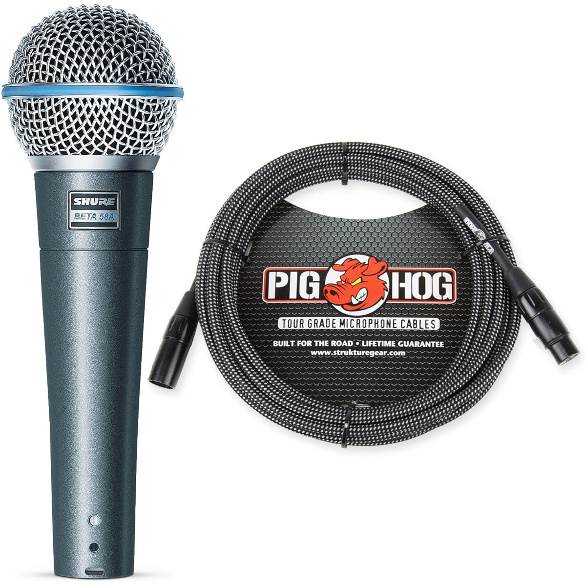 Shure Beta 58A Supercardioid Vocal Mic & Pig Hog Black & White Woven Mic Cable 20ft XLR - Bundle